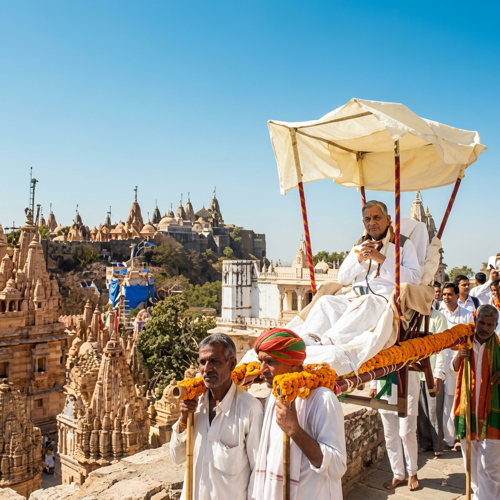 Pilgrim carried in a traditional canopied Doli palkhi with Shatrunjaya temple spires in background